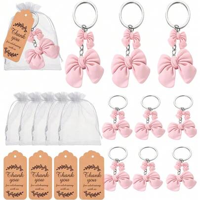 120Pcs Cute Bow Keychain For Women 25White Organza Bags & 25 Thank You Tags For Baptism Key Chain Accessories For Car Keys, Bag Charms Backpack Purse Charm