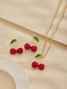 1pc/3pcs Fashion Sweet Elegant High-Quality Resin Red Cherry Fruit Earrings & Necklace Set, Cute Sweet Elegant Versatile Crystal Cherry Necklace Jewelry, Suitable For Women Party, Daily Casual Wear, Valentine's Day Gift - Sweet Temperament Style - View 3