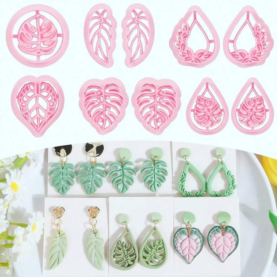 1/10Pcs Tropical Leaf Polymer Clay Cutters, Pastel Pink Monstera Shapes, Craft Tools For DIY Earrings Boho Jewelry Spring Handmade Gifts - Pink - View 1