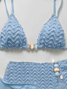 Bikinx 3pcs/Set Women Wavy Pattern Sexy Halter Bikini Swimsuit With Beach Dress, Vacation Swimwear Set - Dusty Blue - View 4