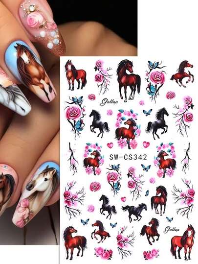 马年玫瑰花美甲贴纸，春夏花卉美甲装饰，3D自粘动物玫瑰图案美甲贴纸，防水持久美甲装饰，适合DIY美甲，爱马人士，春夏主题美甲创作