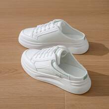 2026 Women's Casual Comfortable Home Fashion Breathable Lightweight Lace-Up Metal Eyelet Flat Slippers - White and Green - View 2