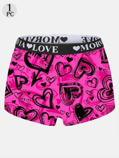 Dircho 1 pieza Pantalón corto de mujer con estampado de corazón graffiti en color rosa intenso, ropa interior cómoda de mezcla elástica con cintura elástica con letras LOVE