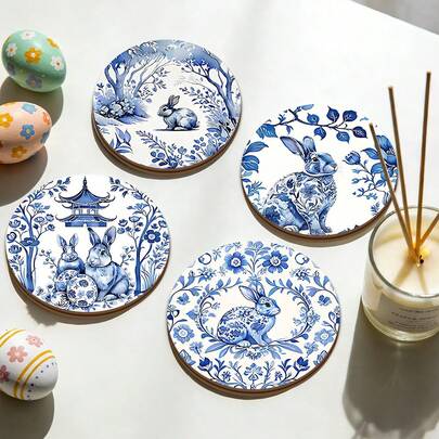 4pcs/Set Easter Wooden Coasters, Blue & White Porcelain Style With Rabbit & Floral Design, 4 Inch Size, Suitable For Mugs, Glasses, Teacups, Heat Insulation, Anti-Slip, Home Decor