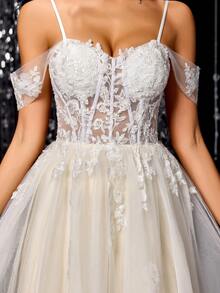 Patchwork Solid Color Applique Zipper Sequin Patchwork Wedding Dress White - White - View 5