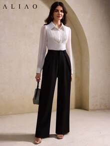 Aliao 精致钻石亮片翻领雪纺衬衫，商务休闲女装，新年装，春季女装，夏季女装，度假装，宫廷风格，优雅女士装，沙滩装，感恩节装，毕业装 - 白色 - 查看 7