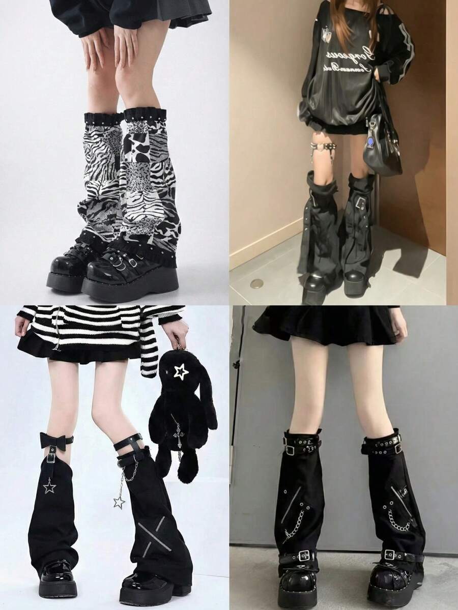 Y2K Cross Chain Leather Strap Leg Garter For Women, Edgy Punk Rock Style, With 1 Pair Strap Accessories - Black - View 1