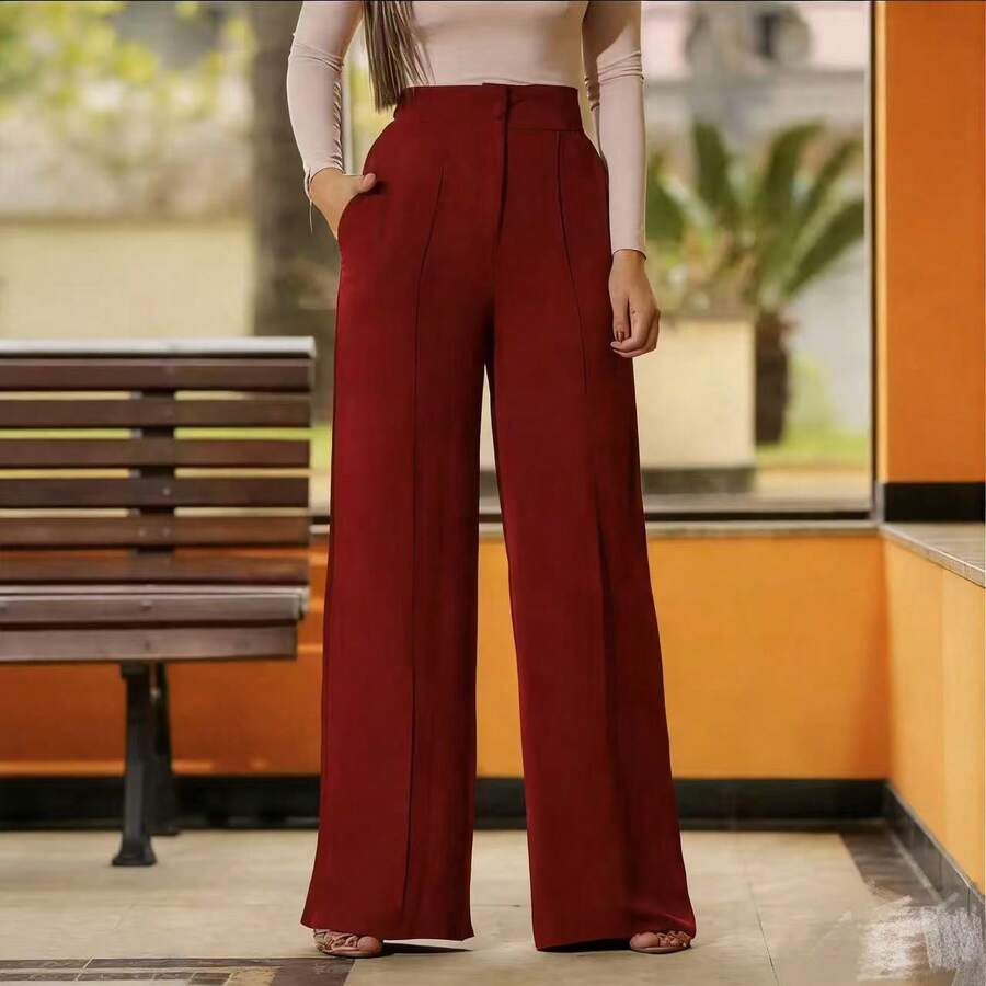 WO Wide-Leg Pants In Duna Fabric With Zipper And Button Closure, Lined, High Waist, Tailored, Women's Style. - 酒紅色 - 查看 1