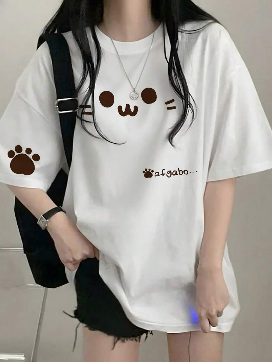 日系女式宽松圆领休闲卡通猫咪字母印花短袖T恤，春夏款 - 白色 - 查看 1