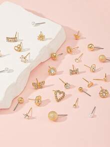 30 Pairs Butterfly, Heart, Flower Stud Earrings, Shiny Delicate Small Earrings, Holiday Gift For Women, Suitable For Casual Daily Wear - Yellow Gold - View 5