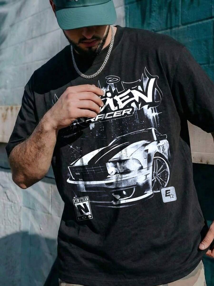 Men's Round Neck Casual Short Sleeve T-Shirt With Racing Car Elements - Black - View 1