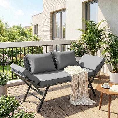 2-zits rotan tuinbank/sofa met verstelbare armleuningen/ligstoel voor balkon/terras, weerbestendig