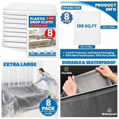 Plastic Drop Cloth 9x12 Feet 8 Pack Clear Painters Sheeting For Furniture Cover Dustproof Painting Tarp