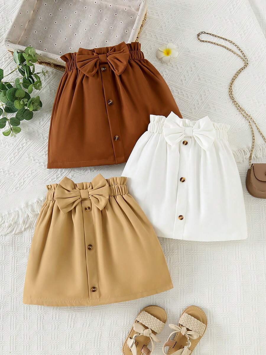 3pcs Girls' Summer Versatile Skirt Set, Paired With Cute Bow Design, Suitable For Spring & Summer Daily, School, Party Wear - Multicolor - View 1