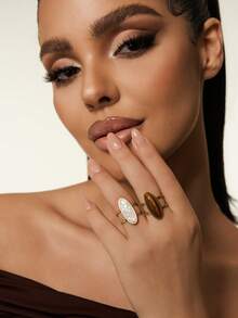 Altistry 2 st rostfritt stål guldfärgad öppen ring med vita och tigeröga stenar, lämplig för smycken eller presenter för kvinnor - Gult guld - Visa 2