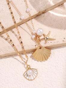 Set de 2 collares elegantes y de lujo con diseño de moda que incluyen colgantes de concha, estrella de mar y perla, adecuados para el uso diario y el uso en vacaciones en la playa - Multicolor - Ver 4