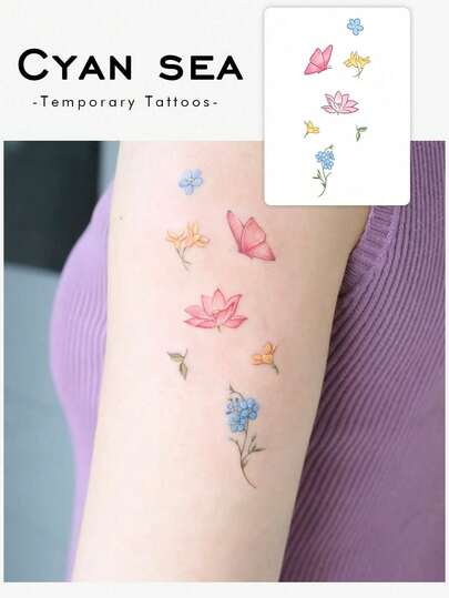 情人节临时纹身贴纸，Y2K风格，彩色蝴蝶和花朵设计，防水、防汗、可水洗、不反光，适合手臂和肩膀纹身，逼真纹身，适合时尚达人，持续3-5天。