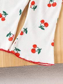 2件套女婴甜美可爱樱花蝴蝶结POLO领无袖上衣和松紧腰喇叭裤套装，夏季 - 白色 - 查看 5