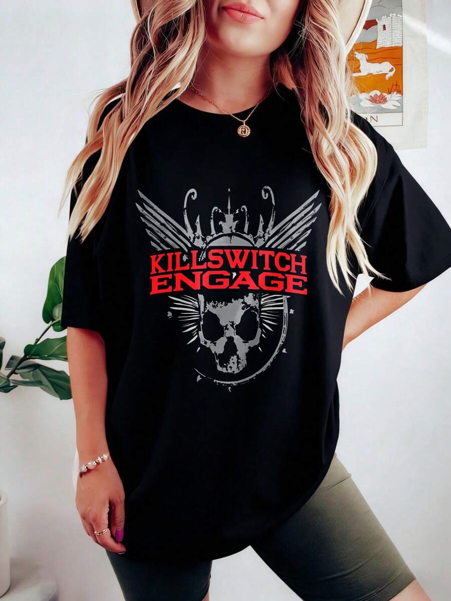 Women's Killswitch Engage Skull Graphic Cotton Oversized Short Sleeve Summer Casual T Shirt, Gift For Her - 黑色 - 查看 1