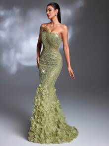 Váy dạ hội đuôi cá sang trọng, thanh lịch, xẻ tà cao, chất liệu vải tuyn thêu hoa 3D màu xanh ô liu, buộc dây một bên vai - Màu xanh Ô liu - Xem 4