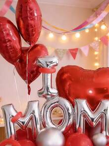 33 piezas Conjunto de decoración de globos para el Día de la Madre, globos de letra plateada de 16 pulgadas, globos de corazón rojo de 18 pulgadas y 32 pulgadas, globos de látex rojos y plateados, adecuado para fiesta del Día de la Madre, decoración de fiesta festiva - Multicolor - Ver 3