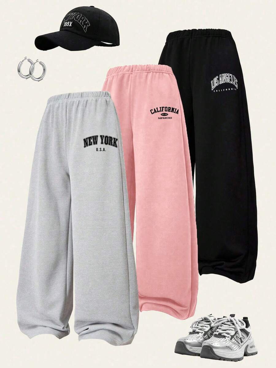 3 piezas Pantalones deportivos con estampado de letras para niñas pequeñas - Multicolor - Ver 1