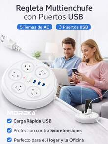 MOREKA This Multifunctional Power Strip Is Ideal For Home And Office Use. It Features 5 Power Outlets, 3 USB Charging Ports, Surge Protection, Power Control, And A Long Cable. - White - View 5