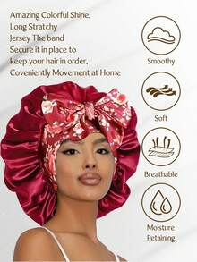 1pc Navy Blue Bohemian Design Satin Silk Sleep Cap, With Drawstring, Sleeping Hair Cap, Elastic Wide-Banded Silk Sleep Hat, Soft & Breathable (Random Print Pattern) - Navy Blue NPSM11 - View 14