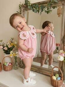 Baby Girls Rompers Easter Clothes Bunny Embroidered Crew Neck Sleeveless Infant Bodysuits Jumpsuits - Rosa - Ver 5