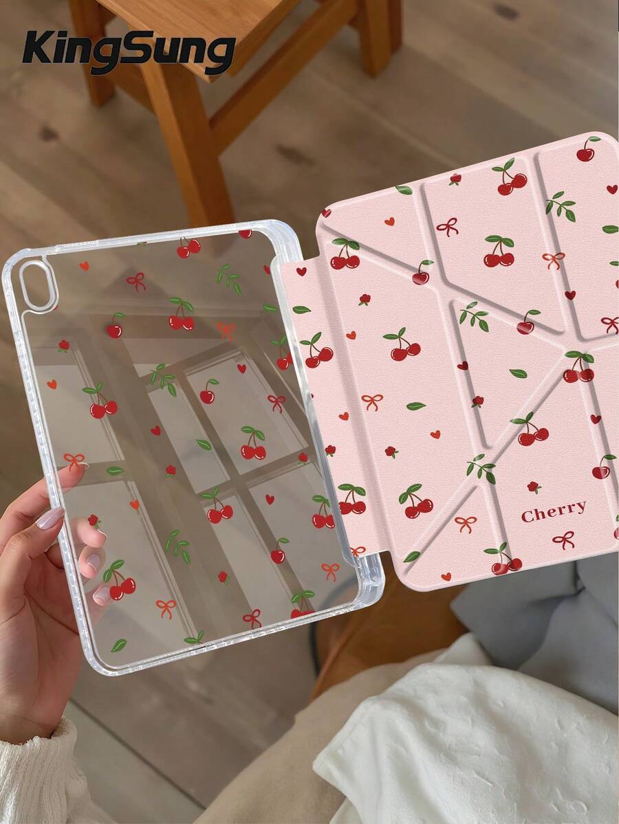 Kingsung 樱桃蝴蝶结图案 Y 型折叠双面喷砂亚克力透明水晶平板电脑保护套，兼容三星平板电脑/Mini6/7/9.7/10.2/10.5/10.9/12.9/Pro 11（第十代），保护套支持多角度调节，支架六种放置方式，内置笔槽，透明后盖，防摔保护，自动唤醒/睡眠