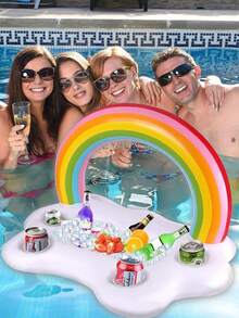 Flotador inflable en forma de nube arcoíris con portavasos - Material de PVC, ideal para fiestas de verano y diversión en la playa, juguete inflable para piscina - Imagen - Ver 3