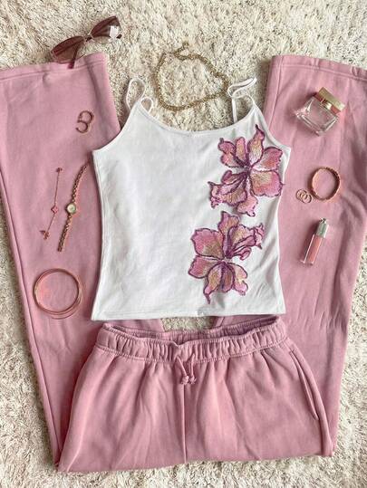 Y2K Vintage Pink Floral Embroidery Sequin Camisole Top, White Elegant Outgoing Party Summer Beach For Women Casual