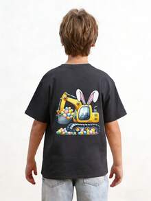 Camiseta con estampado de excavadora con orejas de conejo para niño preadolescente, adecuada para uso festivo, uso casual, uso urbano, top de verano de moda para niños. ¡Regalo de Pascua ideal para niños, atuendo perfecto para celebrar la Feliz Pascua! - Gris Oscuro - Ver 2
