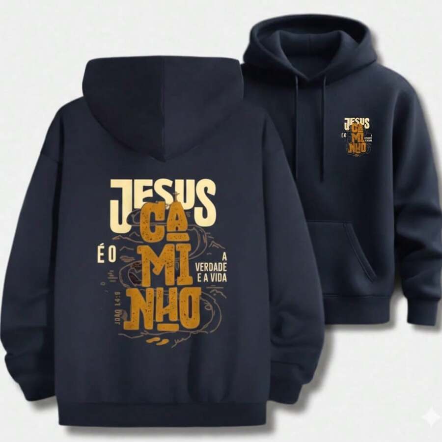 Sweatshirt With Hood And Pocket, Unisex, Printed With "JESUS IS THE WAY" - Màu xanh hải quân - Xem 1