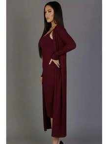 2pcs Women's Rib Knit Cardigan & Cami Midi Bodycon Dress Casual Loungewear - 酒紅色 - 查看 2