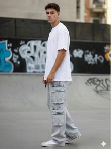 New Model Men's Cargo Jeans, Black Washed, Stonewashed, Original Straight Leg, Loose Fit, 8 Pockets - 淺灰色 - 查看 3