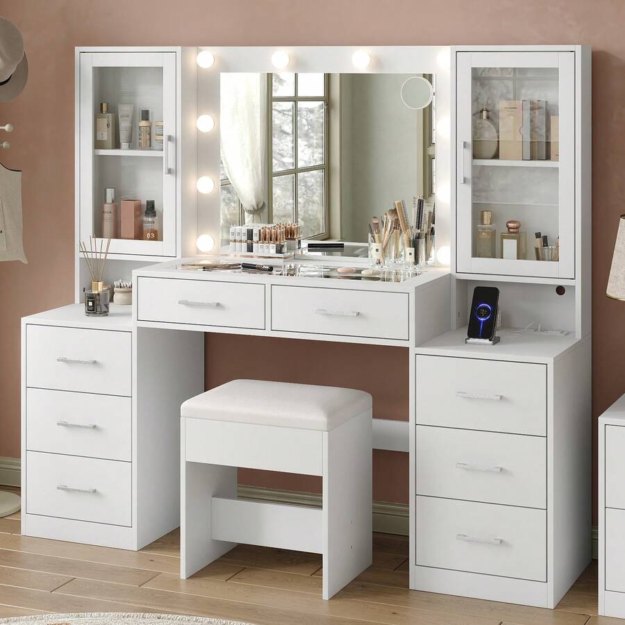 Yanosaku 59'' W Large Vanity Desk With Lights And Mirror, White Makeup Vanity With Power Outlet, 8 Drawers & 2 Cabinets, 3 Lighting Modes Brightness Adjustable, Glass Top Vanity With Chair For Bedroom - Xem 1