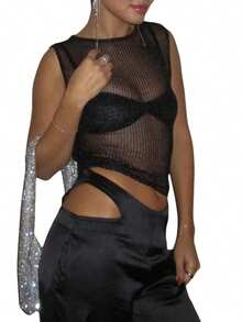 Women's Summer Short Tank Tops Solid Color Sleeveless O Neck Sheer Crop Knit Vest For Night Club Party - 黑色 - 查看 3