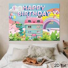 Ideal For Birthday Party Decorations And Suitable For Both Indoor A 2D Flat Backdrop Featuring A Cartoon Dollhouse Theme Made Of Polyester Fabric, Showcasing A Whimsical Tale Design With Pink And Blue Houses, Clouds, Butterflies, And Musical Notes - Multicolor - View 4