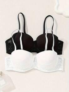 2 Packs Simple Sexy Solid Thin Strap Lace Underwire Bra With Thick Padding And Push-Up Design. Comfortable And Elegant Women's Underwear. - Multicolor - View 9