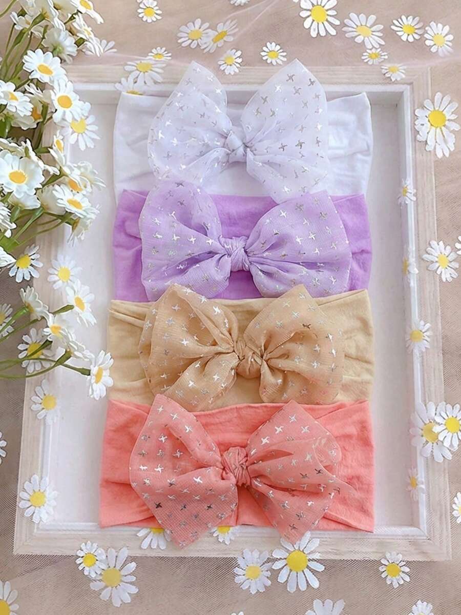 4件套新生儿柔软尼龙糖果色可爱大蝴蝶结婴儿发带套装，适合日常四季佩戴 - 彩色 - 查看 1