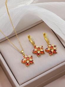 1 Set de collar y aretes de alta gama con diamante principal y zirconia micro-incrustada, versátil para uso diario - Multicolor - Ver 1