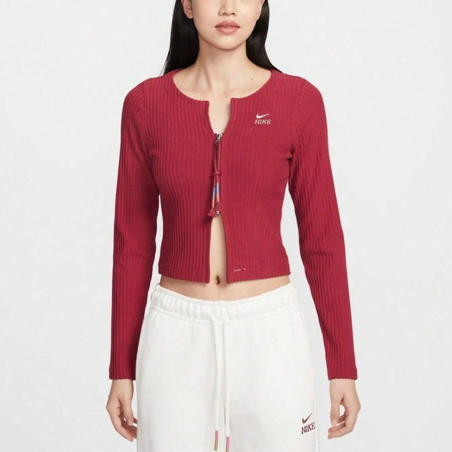 Nike Women's AS W NSW NK CHLL RIB FZ CNY Knitted Cardigan IQ3828-613 - Burgundy - View 1