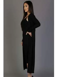 2pcs Women's Rib Knit Cardigan & Cami Midi Bodycon Dress Casual Loungewear - Black - View 2
