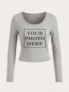 Women's Custom Long Sleeve T-Shirts - Add Your Photo/Design, Custom Printed T-Shirts, U-Neck T-Shirts, Autumn And Winter Tops Customization, Custom Graphics, Suitable For Anniversaries, Birthdays, Holidays, Etc. Custom T-Shirts, Women's Tops, Custom Printed T-Shirts, Women's Long Sleeve T-Shirts, Tops - Light Grey - View 3