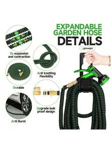 LOVFEN 100FT Stretchable Garden Hose, Lightweight Kink-Free Flexible Water Pipe With 10-Pattern Spray Nozzle, Leak-Proof, 3/4" Swivel Connectors, Super Durable Fabric, Portable Storage Strap – Ideal For Gardening, Patio, Yard, And Outdoor Watering - Màu xanh lá - Xem 4