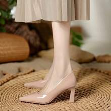 Zapatos de tacón alto de color nude con punta afilada y tacón grueso para mujer, confeccionados en piel suave, ideales para llevar en la oficina. - Albaricoque - Ver 3