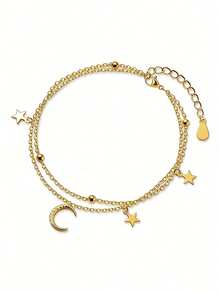 Vòng tay vàng sang trọng hai lớp hình ngôi sao và mặt trăng có thể điều chỉnh kích thước dành cho nữ - Vàng - Xem 6