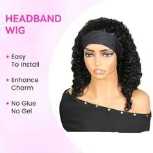 18英寸缅甸卷发发带假发，易于佩戴，150%密度，无胶水蓬松卷曲假发，水波纹真人发，无蕾丝，发尾卷曲蓬松，深波浪卷发，自然黑色，即买即用 - Natural Black - 查看 2