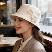 Women Cloche Hat Beret Hat French Vintage Floral Fedora Bucket Hat Bowler Hats Classic Winter Hat 1920s - 米色 - 查看 2